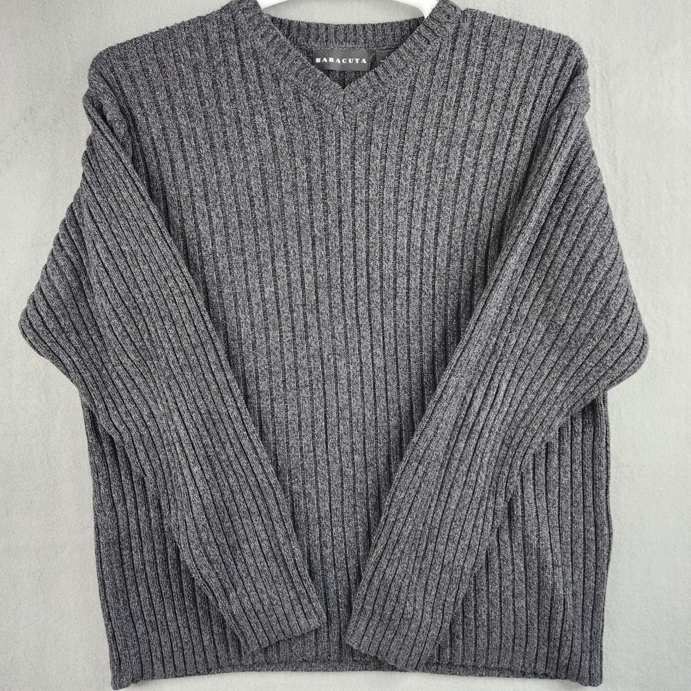 Baracuta Mens L Gray V Neck‎ Pullover Ribbed Cotton Sweater Preppy Academia 76ch